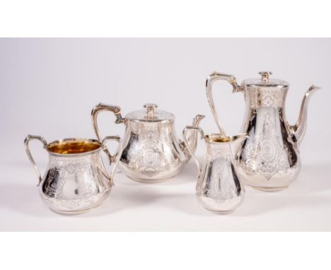 A VICTORIAN SILVER FOUR PIECE TEA AND COFFEE SERVICE, maker's mark WH, London 1857, of baluster form engraved with strapwork 