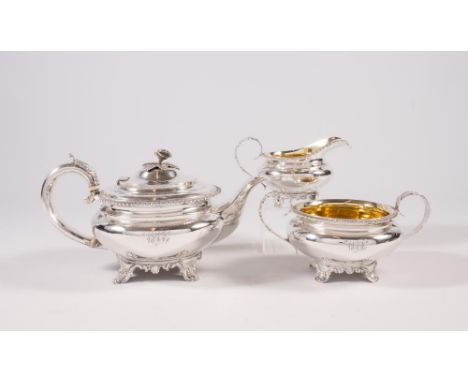 A COMPOSITE WILLIAM IV SILVER THREE PIECE TEA SERVICE, maker Charles Fox, London 1829 and 1830 (teapot), of squat baluster fo