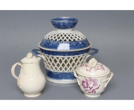 A PEARLWARE CHESTNUT BASKET, c.1800, of flared two handled oval section with open basket weave body and domed cover surmounte