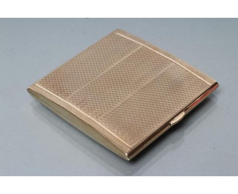 AN ART DECO 9CT GOLD CIGARETTE CASE, Birmingham 1926, of oblong form with engine turned panels enclosing a vacant panel, 3 1/