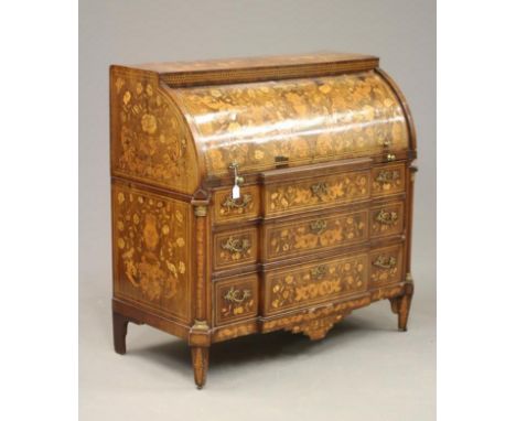 A DUTCH MAHOGANY AND FLORAL MARQUETRY CYLINDER BUREAU, 18th century, with caddy top over the fall enclosing concave fitted in
