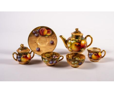 A ROYAL WORCESTER CHINA MINIATURE SOLITAIRE, 1959, painted in polychrome enamels with still lifes of fruit on a mossy bank, c