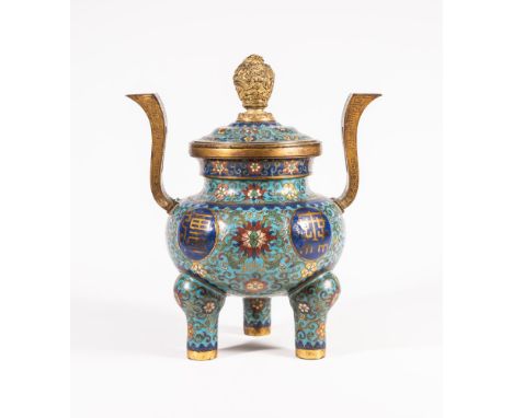 A CHINESE CLOISONNE ENAMEL TRIPOD CENSER AND COVER, of squat globular form, the low stepped domed cover with dragon cast gilt