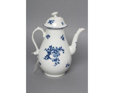 A FIRST PERIOD WORCESTER PORCELAIN FRUIT SPRIGS PATTERN COFFEE POT AND COVER, c.1770, of baluster form, printed in underglaze