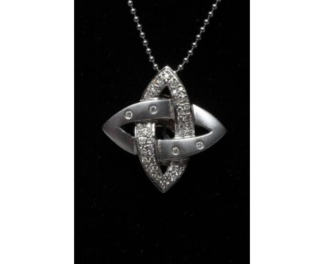 A DIAMOND PENDANT, the Celtic style white matt knot point set with numerous small stones, the reverse pierced with stars and 
