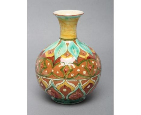 A DELLA ROBBIA EARTHENWARE BOTTLE VASE, early 20th century, decorated by Lizzie Wilkins with stiff leaf shoulders over a gree