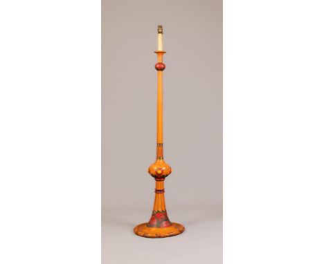 AN OMEGA WORKSHOP STYLE STANDARD LAMP, early 20th century, of turned tapering form with bulbous collars and painted with geom