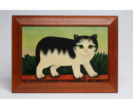 MARTIN LEMAN (b.1936), Cat on Wall, oil on board, signed, artist's label to reverse, 13" x 20", stained frame (subject to Art