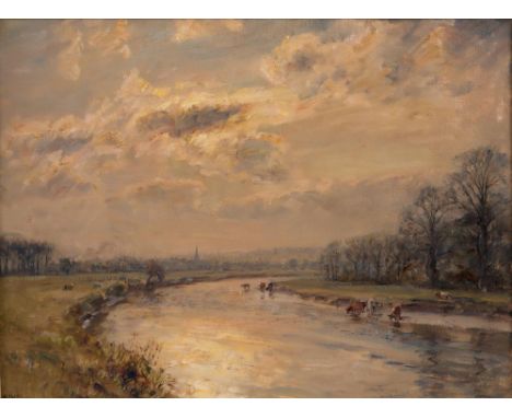 HERBERT F ROYLE (1870-1958), "On the Wharfe near Burley", oil on board, signed, inscribed to reverse, 11" x 24", framed (Illu