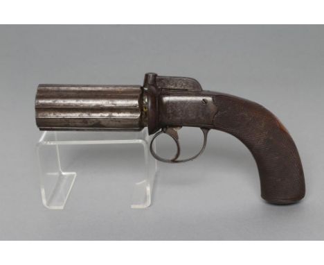 A PEPPERPOT PERCUSSION PISTOL, by Liversidge Gainsbro, with 3 3/4" cluster of six barrels, overhammer action with fine foliat
