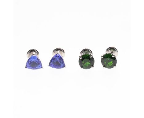 Tanzanite and diopside platinum stud earrings. These earrings are stamped 950 platinum on their backs. The earring heads meas