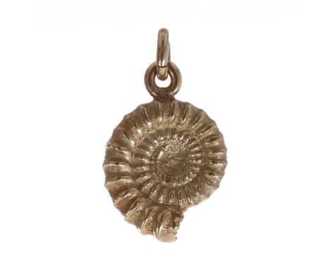 Ammonite cast 9ct gold pendant. This piece is hallmarked 375. Measures approximately 2.5cm in length including the bail, weig
