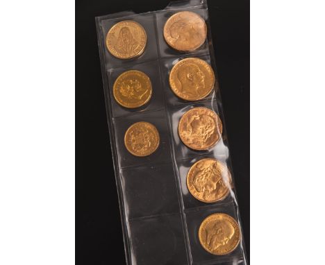8-teiliges Goldmünzen-Konvolut, bestehend aus: 1x "10 Fr.", Österreich, 1892, 1x "EduardVII", England, 1910, 3x "20 Franken",