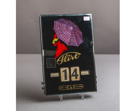 Kalender "Flirt" (K u. R, 50er J.), schwarze Glasscheibe, m. Datumsanzeige (Tag u. Monatdrehbar/verstellbar), Abb. Dame m. ge
