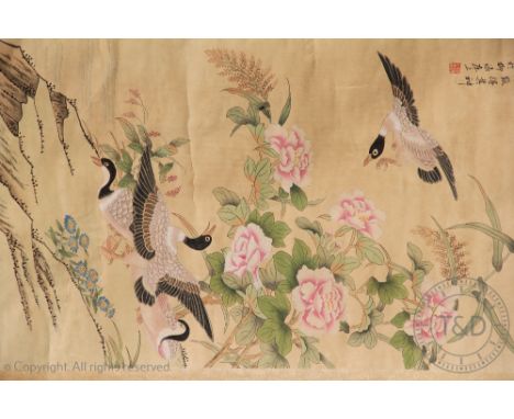 A Chinese printed and painted scroll, decorated with three ducks, 207cm x 80cm