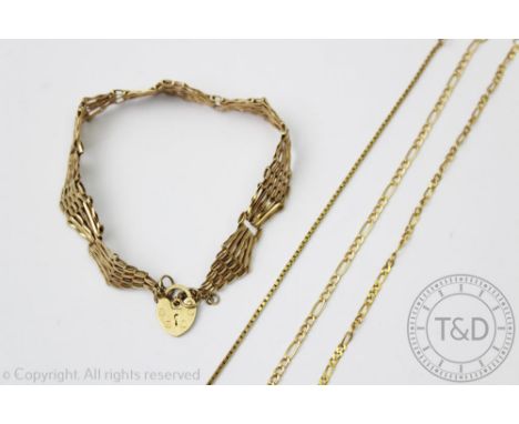 A selection of gold bracelets, to include; a 9ct gold gate type bracelet with attached padlock clasp, weight 6.3gms and three