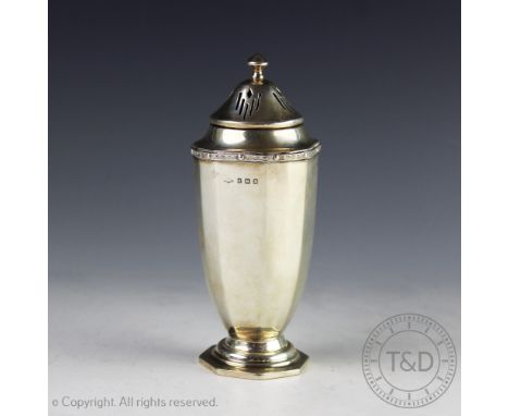 An Art Deco silver sugar caster, A E Poston & Co Ltd, Birmingham 1937, the canted square body raised on a stepped octagonal b