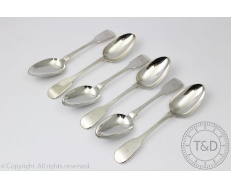 A set of six silver fiddle pattern spoons, Thomas Wheatley, Newcastle 1835, each initialled 'M' to the terminal, gross weight