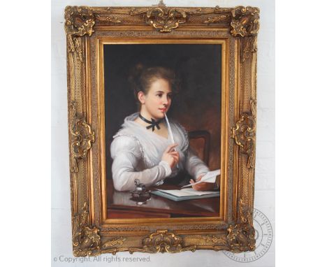 Follower of Luke Fildes, A modern oil on canvas, Portrait of a Lady writing a letter, 90cm x 60cm, Framed