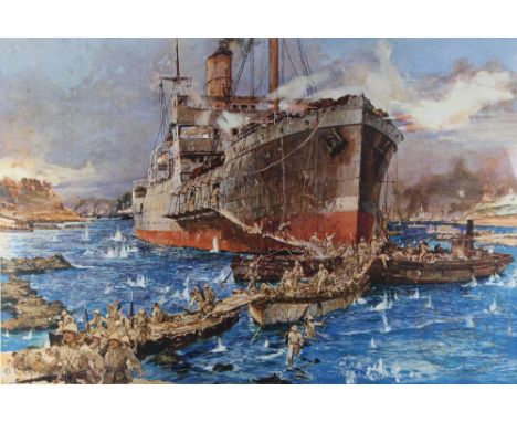 After Charles Dixon, Colour print, The Landing of Troops from HMS River Clyde, 53cm x 75cm, Framed and glazed, with a sampler