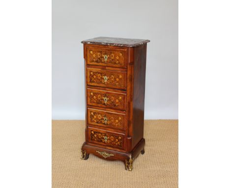 A late 19th century French Louis XVI style inlaid rosewood and walnut secretaire of small proportions, with marble top above 