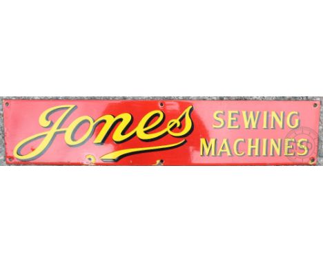 A vintage Jones Sewing Machines vitreous enamel advertising sign, 12.5cm x 61cm CONDITION REPORT: Chip to the bottom edge and