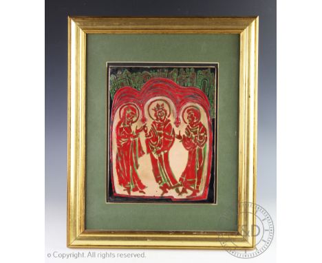 Tibor Szakos (Hungarian), enamel of copper plaque depicting the holy family, framed, 23.5cm x 18.5cm (no including frame) and