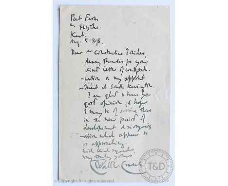 Walter Crane (1845-1915) - British artist and illustrator - a hand written letter to Mr Ionides, it reads: Pent Farm, Nr Hyth