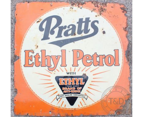 A vintage Pratts Ethyl Petrol vitreous enamel advertising sign, 88cm x 91.5cm