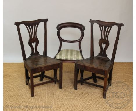 A pair of George III country oak dining chairs, with pierced splats and solid seats, with a Victorian chair and an oak gate l