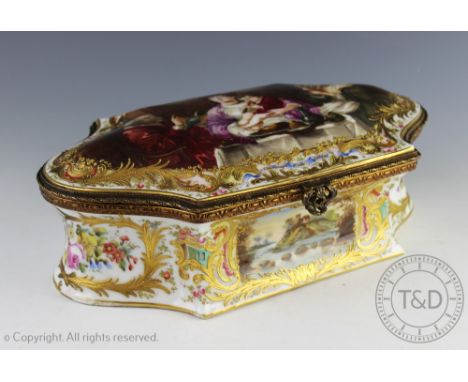 A Sevres porcelain gilt mounted casket and cover, the cover enamelled with a figural scene titled 'les chanteurs d'apres jord