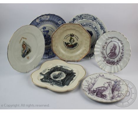 Seven 19th century Queen Victoria commemorative plates, comprising an octagonal coronation plate 22.5cm, a Royal Doulton Diam