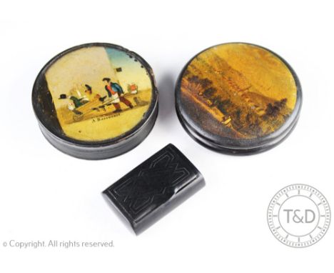 A Victorian papier mache snuff box titled 'Barrownet', 8.5cm diameter with a further circular snuff box, 9cm diameter and a r