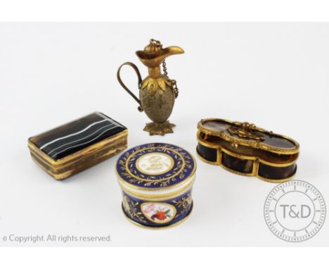 A 19th century tortoiseshell lobed box, gilt mounted (at fault), a banded agate snuff box, a Coalport circular pill box and c