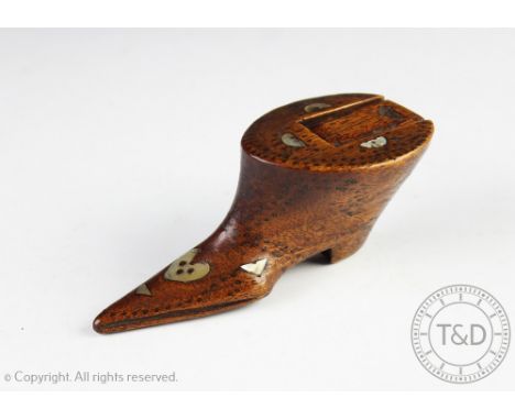 A George III walnut and mother of pearl inlaid snuff box modelled as a boot, 11cm long