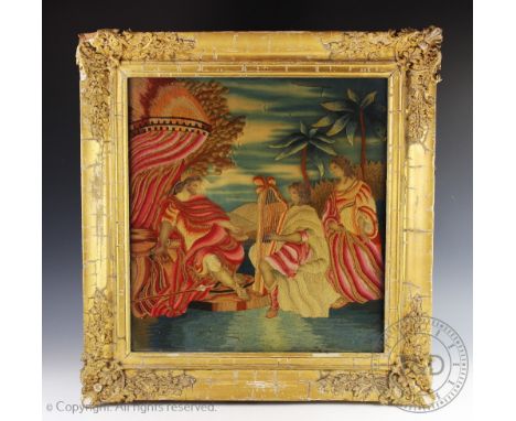 An early 19th century silk and embroidered allegorical scene, depicting a King seated on a throne before two attendees, one p