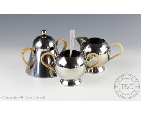 A Nick Munro stainless steel part tea service, comprising tapering sugar and cover with wicker handles, 11cm, with a spherica