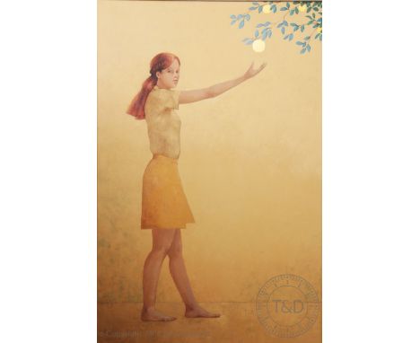 Clive A Jebbett - Modern British (b1951), Acrylic on canvas, 'The Golden Apple', portrait of a young woman picking a golden a