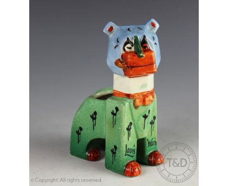 A 1920's Louis Wain cubist 'The Lucky Haw Haw Cat' model / spill vase, marked Louis Wain to the front legs, the base marked '