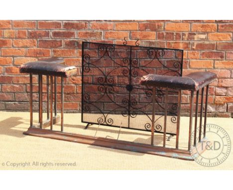An Edwardian copper club fender, with leather seats, 60cm Hx  151cm W x 66cm D (at fault), with a wrought iron fire screen, 8