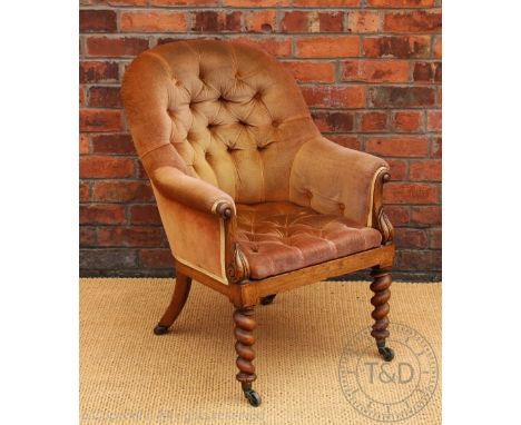 A William IV carved oak library tub chair, with button back upholstery and scroll end arms, on tapered barley twist legs, 90c