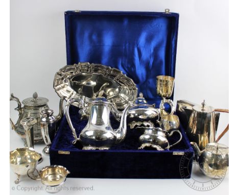 A selection of 19th century and later silver plated and base metal wares, to include an Indian four piece tea service in a ca