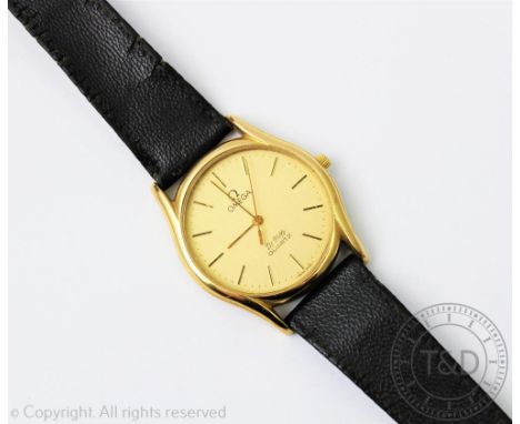 An Omega de Ville quartz wristwatch, the gold plated case enclosing gold coloured dial, with batons and centre sweep seconds,