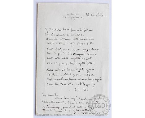 Robert Louis Stevenson (1850-1894) - Scottish novelist and poet - a hand written and signed letter on La Solitude Hyeres-Les-