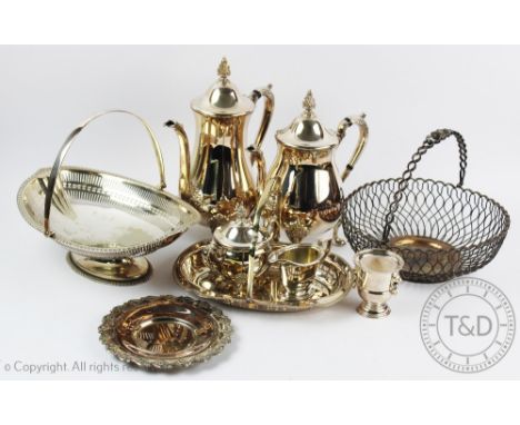 A selection of silver plated items to include a James Dixon & Sons swivel handled bread basket, a teapot and coffee pot, a wi