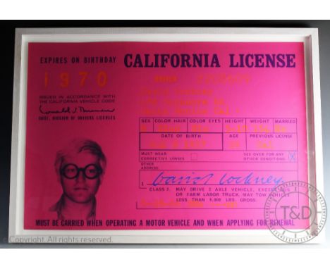 Clive Barker (b 1940) - modern British, Colour print, David Hockney California Driving Licence, 51.5cm x 77cm, In box frame a