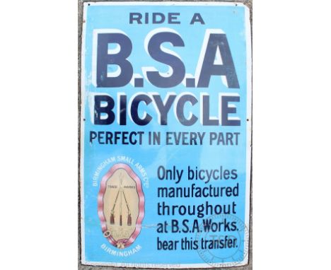 A vintage BSA Bicycle vitreous enamel advertising sign, 'Ride a BSA Bicycle, perfect in every part', made by Imperial Enamel 