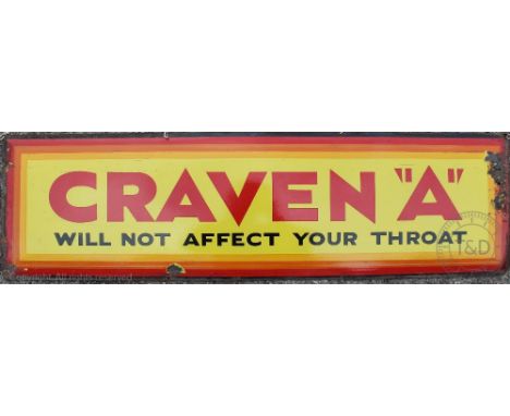 A vintage Craven "A" cigarettes vitreous enamel advertising sign, 'Will not affect your throat', 124cm x 35cm 
