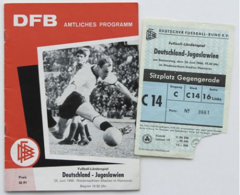 Football Programm 1966 Germany v Yugaslawie - 23rd june in Hannover. 32 pages, 21x15 cm. One page inside creased. Enclosed: T