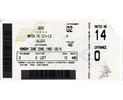UEFA Euro 1992. Ticket Sweden v Germany - Halffinal in Stockholm Germany - Sweden June 21th, 1992, 10.5x8cm.